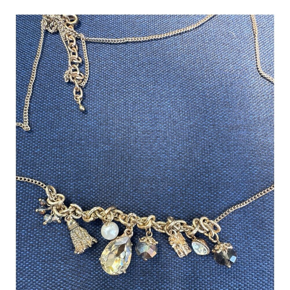 Vintage Gold Charmed Necklace With Crystals, Faux Pearls and Tassel 30” Long - Picture 8 of 8